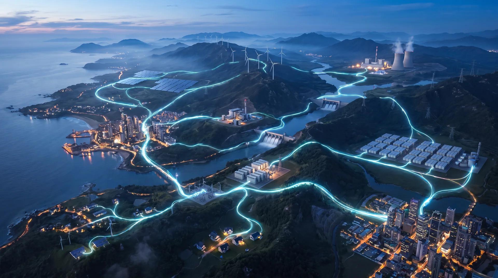 Cities, homes, storage, renewable generation, and power infrastructure connected through one energy system