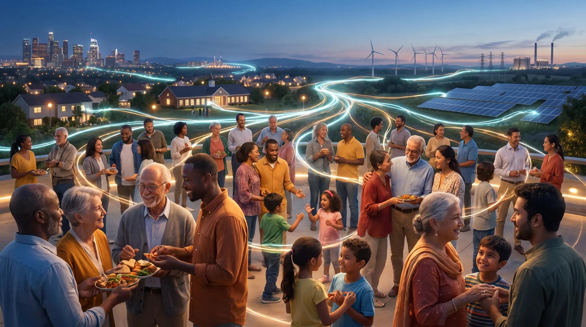 A diverse multigenerational community connected to homes, cities, and the global energy system