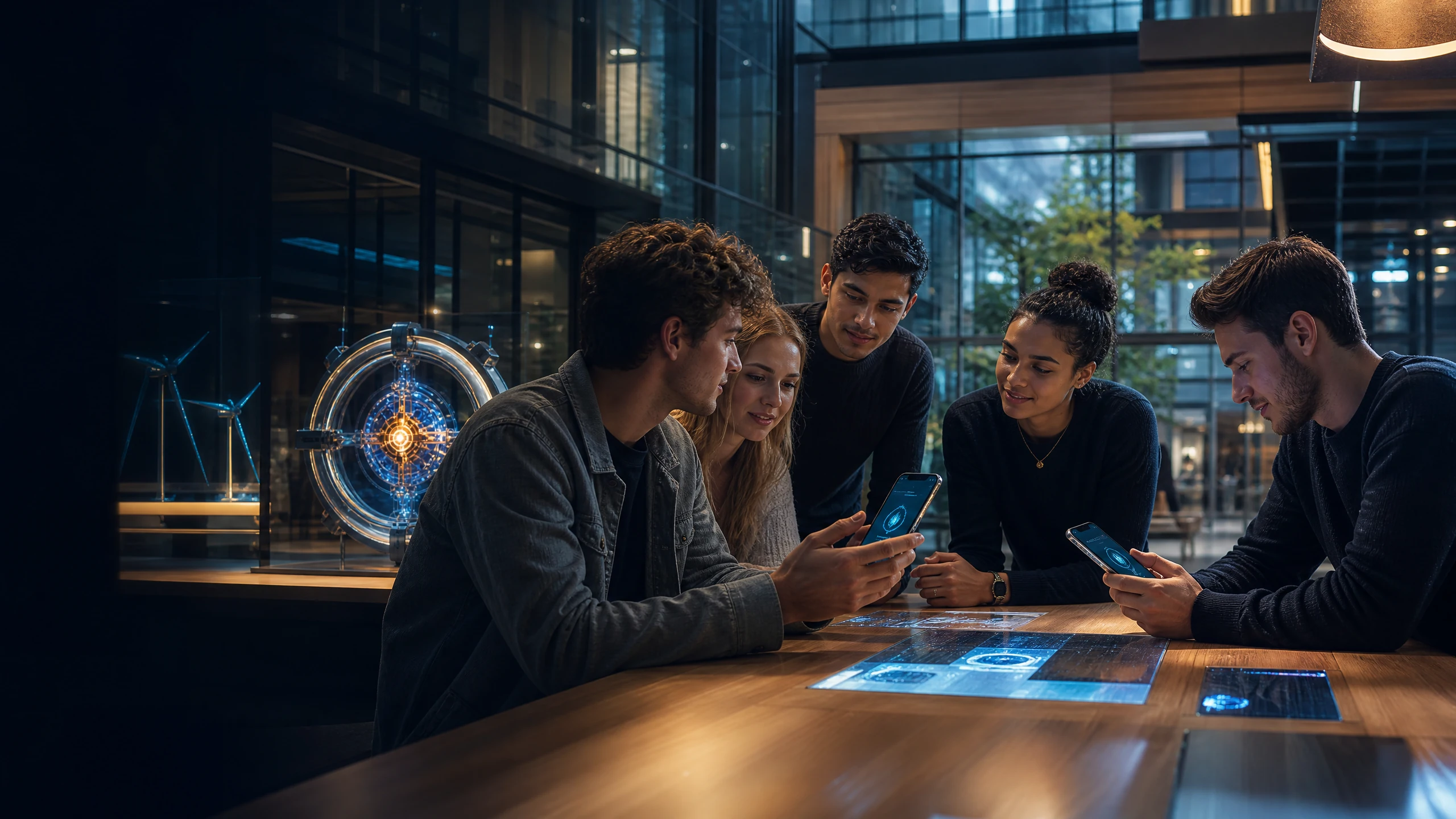 Young adults exploring FTG Energy together on smartphones in a university innovation commons