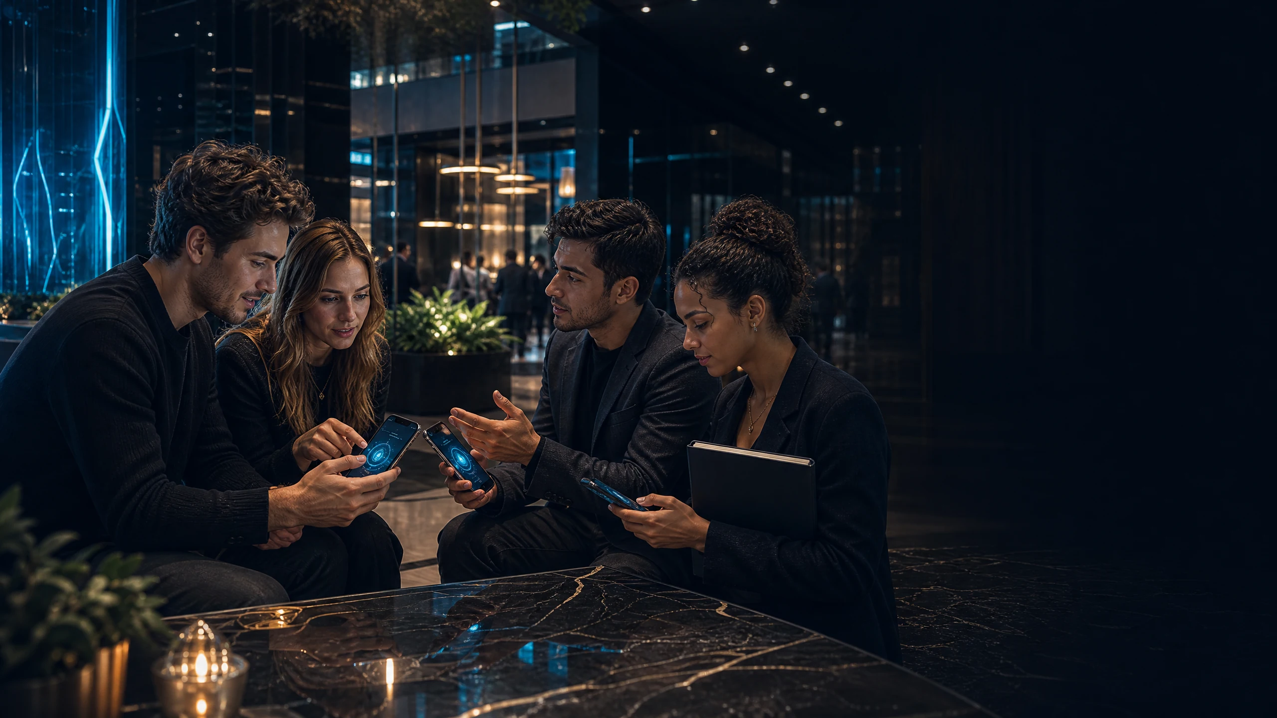 Young adults discussing and managing FTG Energy participation on smartphones in a conference lobby